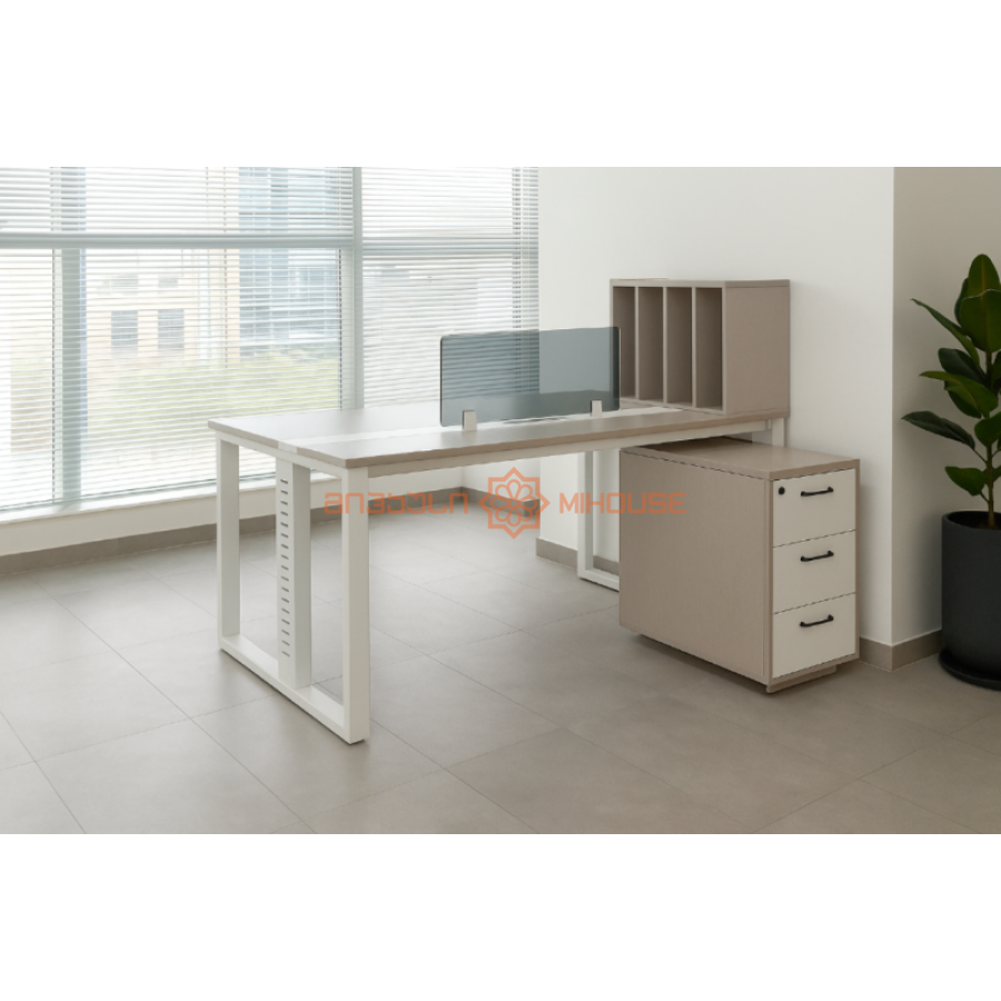 საოფისე მაგიდა, 2 ადამიანისთვის, ეკოლოგიურად სუფთა დაფა, 150*140 სმ, 2 კარადით MH-33928